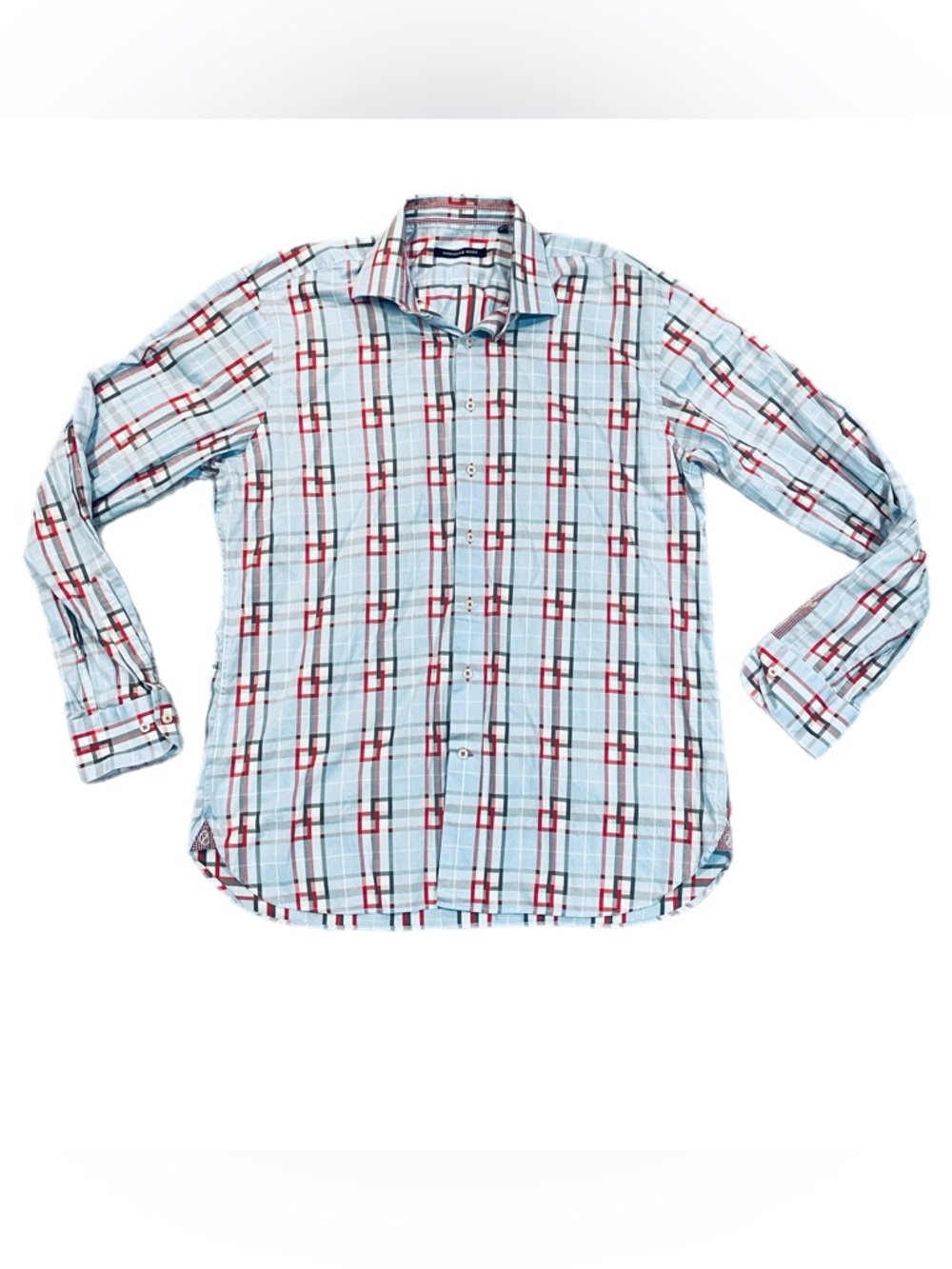 Mens Hammer Made Blue Red Geometric Interlocking Plaid LS Button Down 44 / 17.5